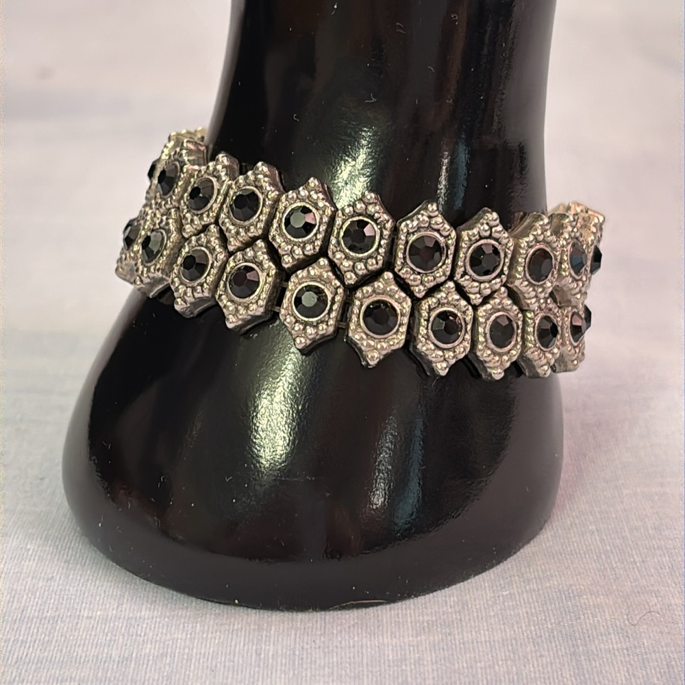 2 Stackable Stretch Bracelets with Black Stones & Decorative Silver-Tone Setting